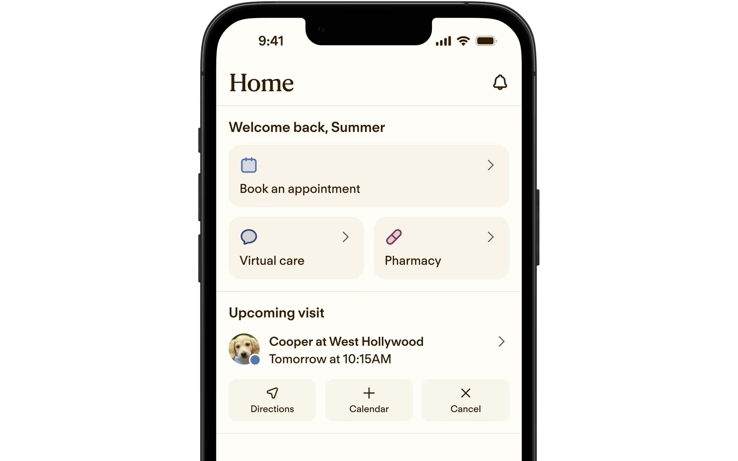 The modernanimal app home screen with options to book an appointment, virtual care and pharmacy